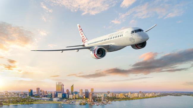 Embargoed till 8am TUES Aug 13. Virgin Australia is ordering new Embraer E190-E2 aircraft to replace ageing Fokker 100s on charter and regional flights in WA. Picture: Supplied.