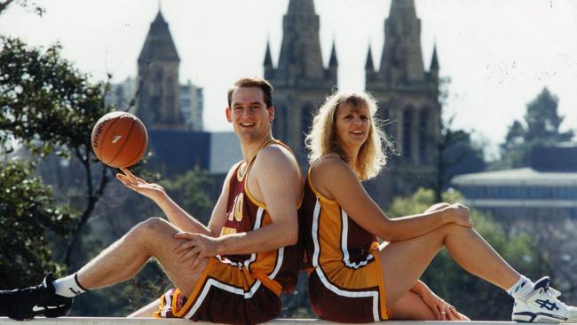 Adelaide Southern Suns captains Greg Olbrich and Carol Dollery show their colours, wearing the uniform of the new club, 03 Aug 1995. The Adelaide Giants and Southern Districts merged to form the Adelaide Southern Suns.