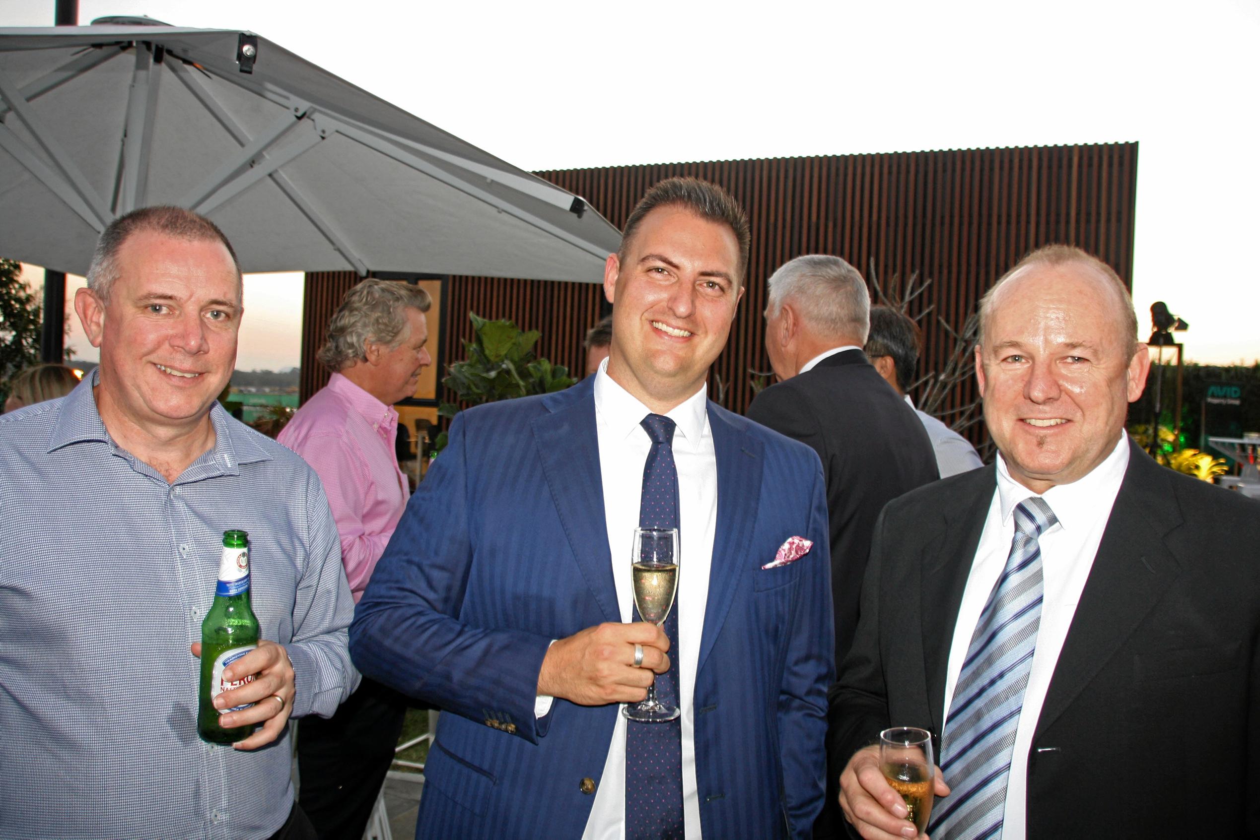 AVID's Mark Lynam and Anthony Demiris with Steve Morcombe of Morcraft Homes at AVID Property Group's launch of its new sales and information centre in Palmview's master-planned community of Harmony. Picture: Erle Levey