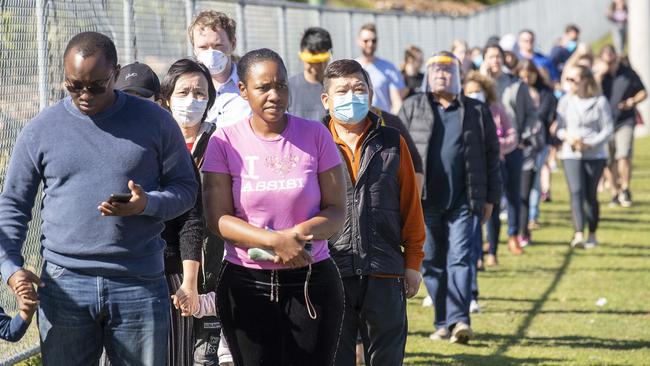 People arrive to get COVID tested in July in Park Ridge. Picture: NCA NewsWire / Jono Searle