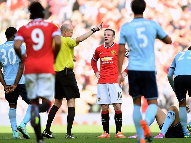 Wayne Rooney gets a straight red.