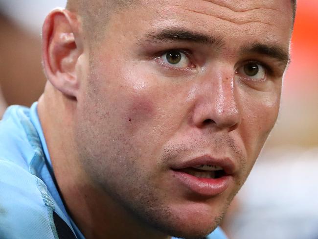 BRISBANE, AUSTRALIA - JUNE 05: David Klemmer of the Blues looks on from the bench during game one of the 2019 State of Origin series between the Queensland Maroons and the New South Wales Blues at Suncorp Stadium on June 05, 2019 in Brisbane, Australia. (Photo by Cameron Spencer/Getty Images)