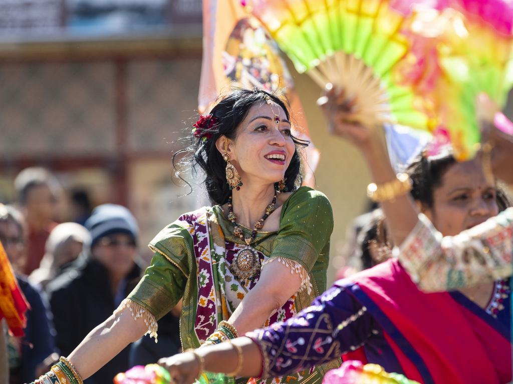 Bhavna Gupta dancing in front of the chariot at Toowoomba's Festival of Chariots, Saturday, July 20, 2024. Picture: Kevin Farmer