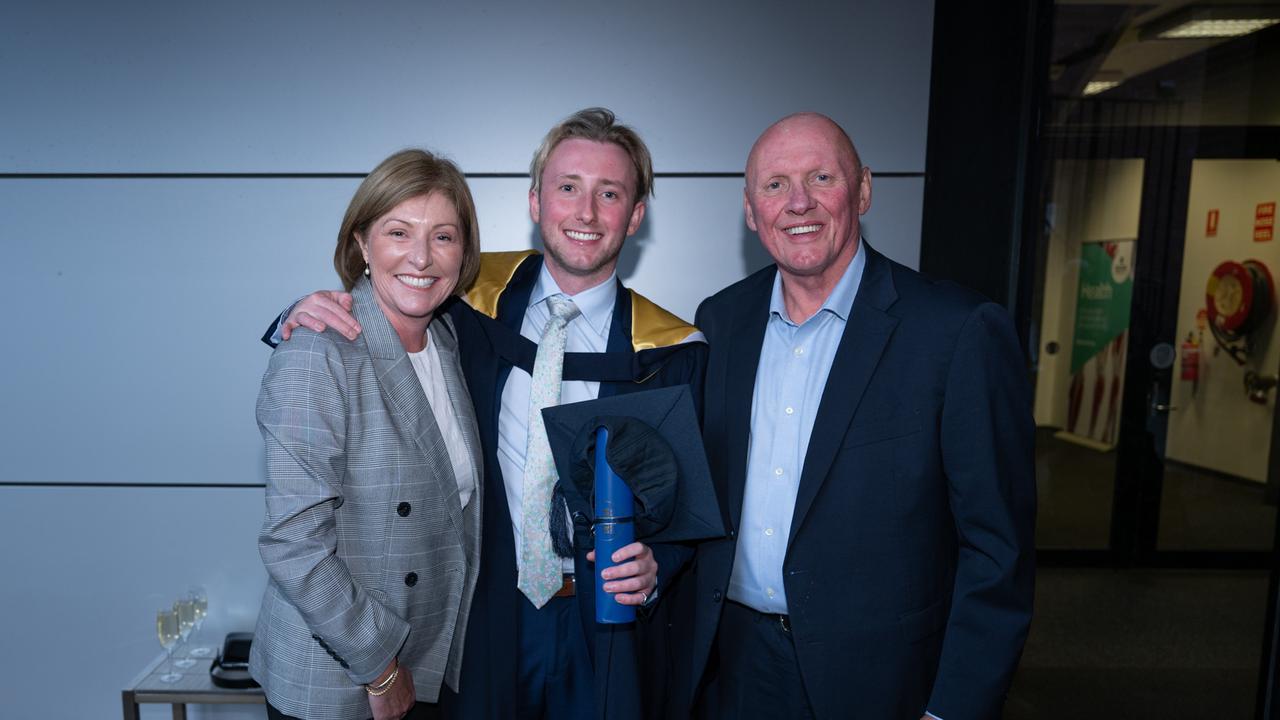 17-09-2024 Deakin University Bachelor of Commerce graduation. Sharon, Michael and Andy Lang. Picture: Brad Fleet