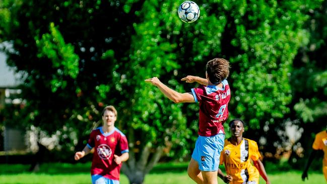 Bailey McDonald heads the ball St Albans. Picture: DSL Photography