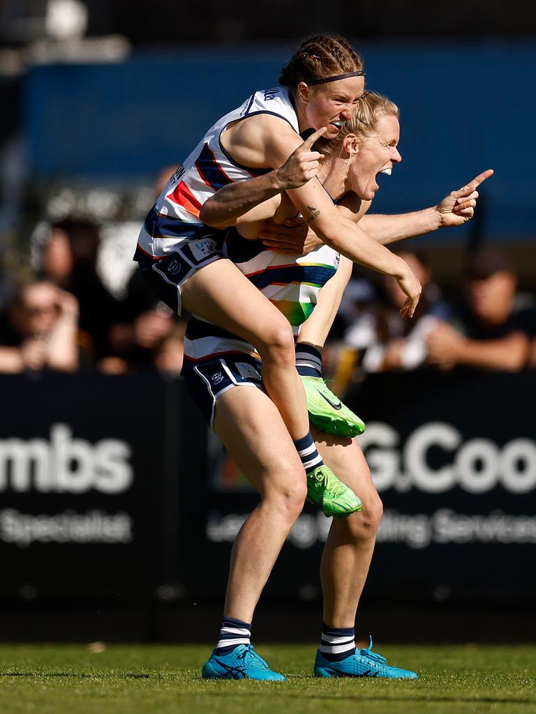 Mikayla Bowen (left) and Kate Darby celebrate Darby’s fourth quarter goal. Picture: Michael Willson/AFL Photos via Getty Images