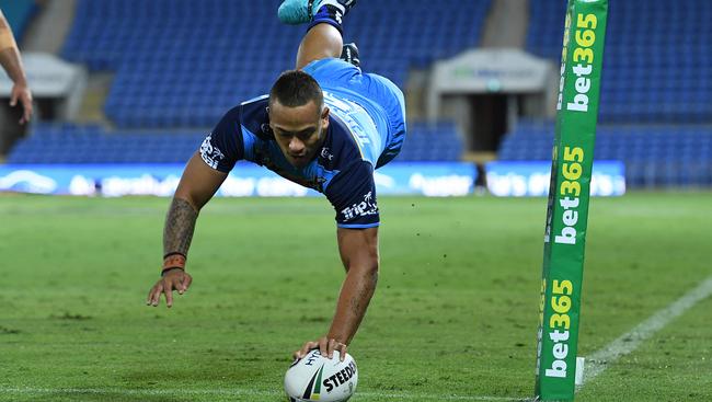 Phillip Sami touches down for one of the 14 tries he has scored so far this season — just one less than Anthony Don. Photo: AAP