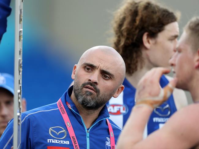 Kangaroos coach Rhyce Shaw speaks to his players at the break during the round 23 AFL match between the North Melbourne Kangaroos and the Melbourne Demons at Blundstone Arena. (Photo by Robert Cianflone/Getty Images)