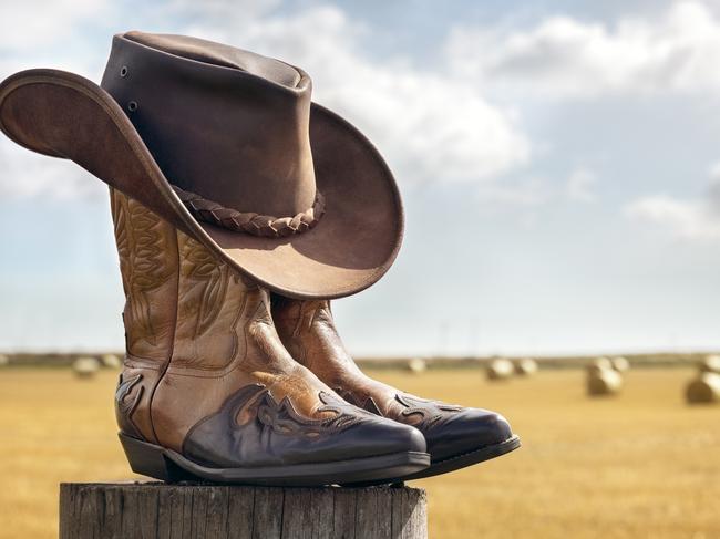 Cowboy boots and hat at ranch, country music festival live concert or line dancing concept