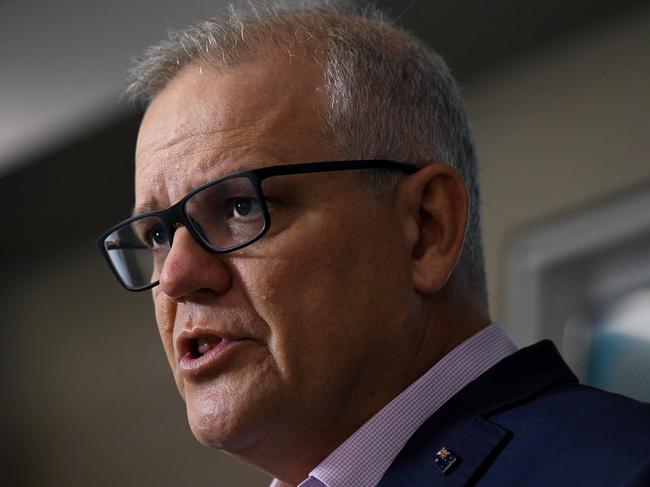 SYDNEY, AUSTRALIA - NewsWire Photos MARCH, 14, 2021: Prime Minster Scott Morrison speaks to the media during a visit to the Castle Hill Medical Centre, in Sydney. Picture: NCA NewsWire/Bianca De Marchi