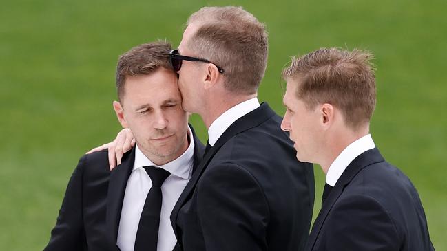 The Selwood brothers embrace during Troy’s service. Picture: Michael Willson/AFL Photos via Getty Images