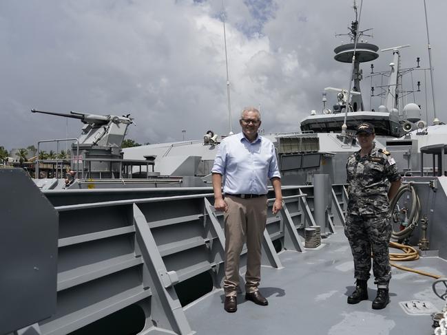 Then prime minister Scott Morrison visits Larrakeyah Barracks in Darwin in 2020 to announce the federal government would spend $282m across two Defence projects. Picture: Adam Taylor