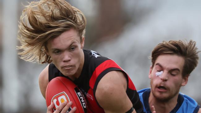 West Adelaide’s Kobe Ryan marks strongly in front of Sturt’s Casey Voss at league level this season. Picture: David Mariuz/SANFL