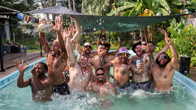 The Casuarina Cougar men were still celebrating hard on Monday following their back to back NTRU A-Grade championship win. Picture: Pema Tamang Pakhrin