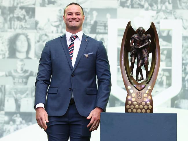 SYDNEY, AUSTRALIA - OCTOBER 03: Boyd Cordner of the Roosters poses with the Provan-Summons Trophy during the NRL Grand Final Fan Fest at Martin Place on October 03, 2019 in Sydney, Australia. (Photo by Brendon Thorne/Getty Images)