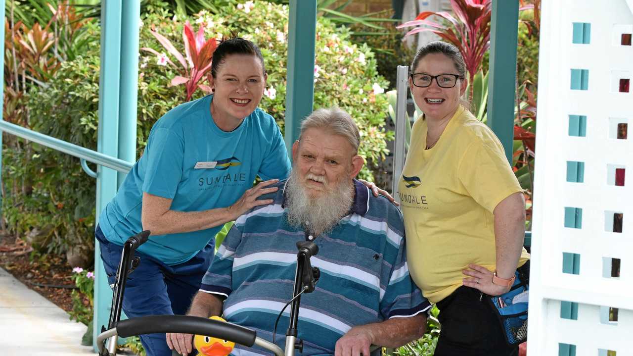 FANTASTIC JOB: Tash Slater and Kylie Evans with Bindaree Care Centre resident Laurie Gall. Picture: Jessica Perkins