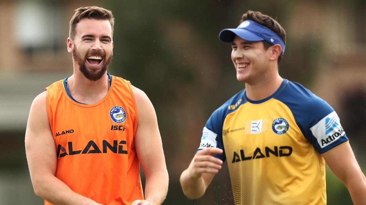 Clint Gutherson and Mitch Moses during Parramatta Eels training ahead of their match against Canberra. Picture. Phil Hillyard