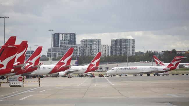 Grounded Qantas planes at Sydney Airport