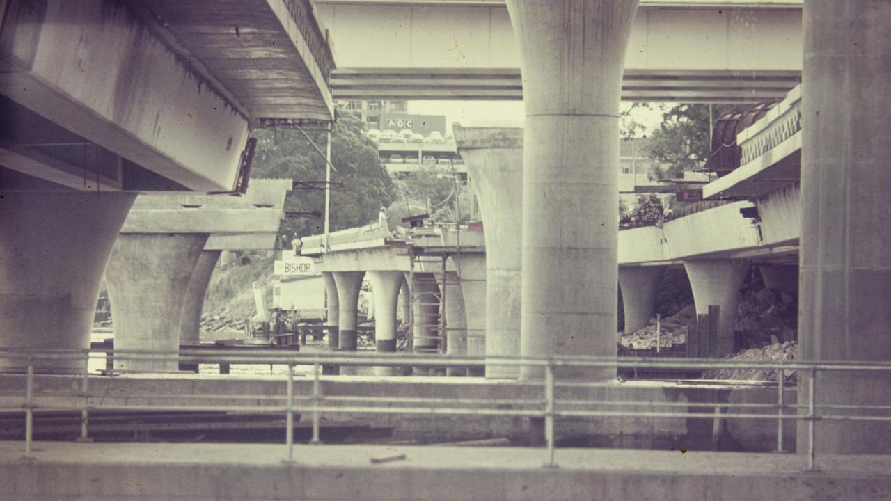 Concrete piers underneath the Riverside Expressway during its construction, Brisbane. Photo: Gordon Foot/State Library of Queensland