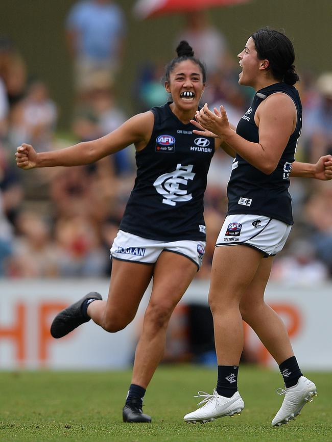 Carlton young gun Madison Prespakis celebrates a goal with skipper Darcy Vescio. Picture: Mark Brake/Getty Images