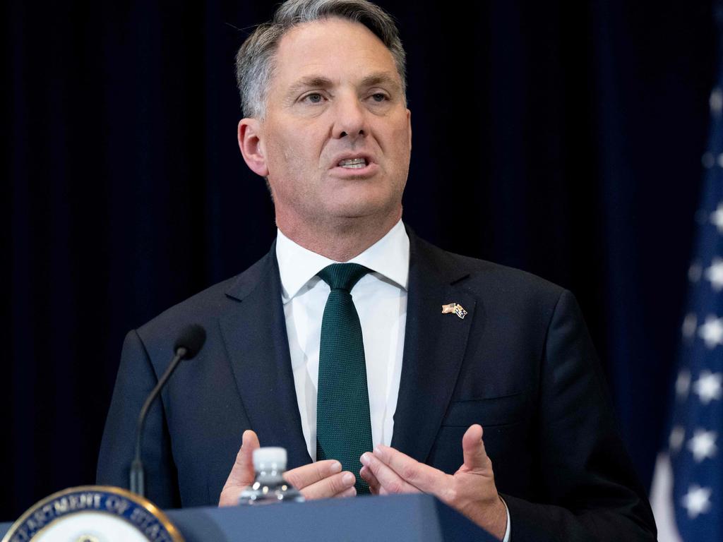 Defence Minister Richard Marles speaks at a press conference during the talks at the State Department in Washington, DC. Picture: AFP