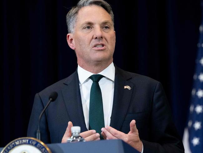 Defence Minister Richard Marles speaks at a press conference during the talks at the State Department in Washington, DC. Picture: AFP