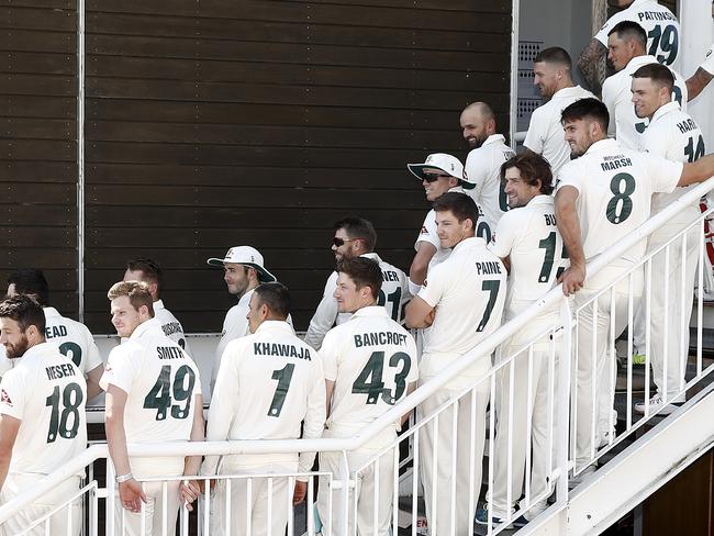 SOUTHAMPTON, ENGLAND - JULY 25: The Australian Cricket Team pose before play during day three of the Australian Cricket Team Ashes Tour match between Brad Haddin XII and Graeme Hick XII at The Ageas Bowl on July 25, 2019 in Southampton, England. (Photo by Ryan Pierse/Getty Images)