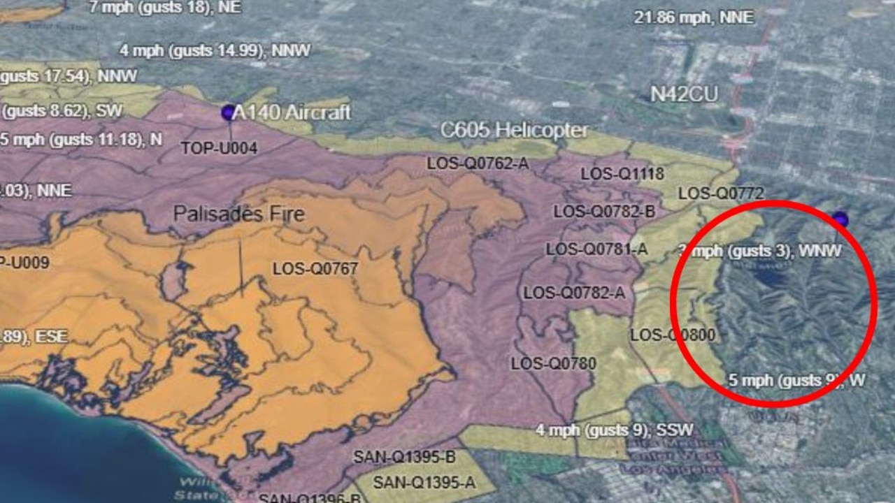 Bel Air, circled, is increasingly under threat as the dangerous Santa Ana winds which are driving the LA fires show no signs of relenting.