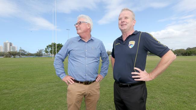 L-R Sports Gold Coast chairman Geoff Smith and Gold Coast United chairman Danny Maher pictured in Southport. The pair are behind a push for a 5000-seat stadium on the GC. Picture Mike Batterham