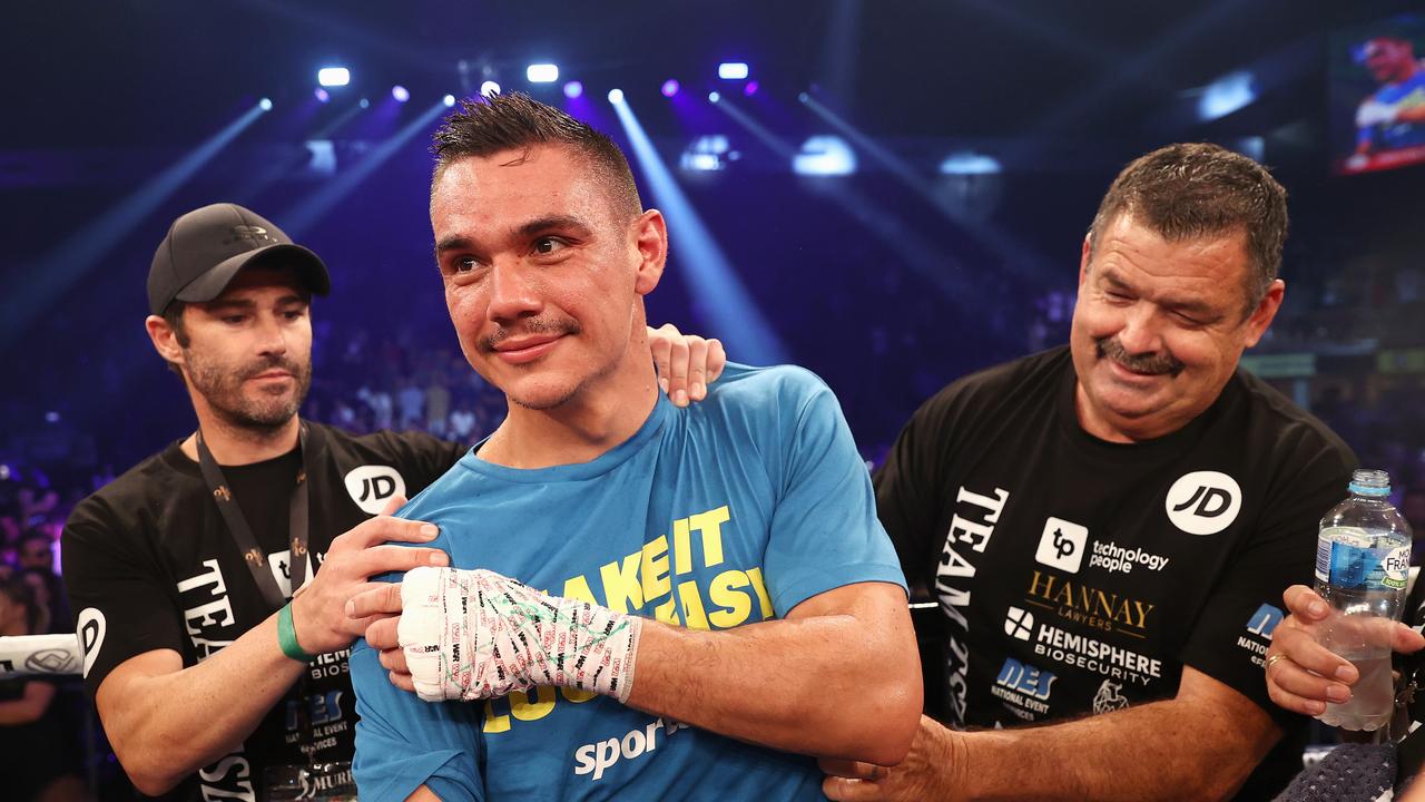 Tim Tszyu celebrates after winning the WBO Global Super Welterweight title fight with Dennis Hogan