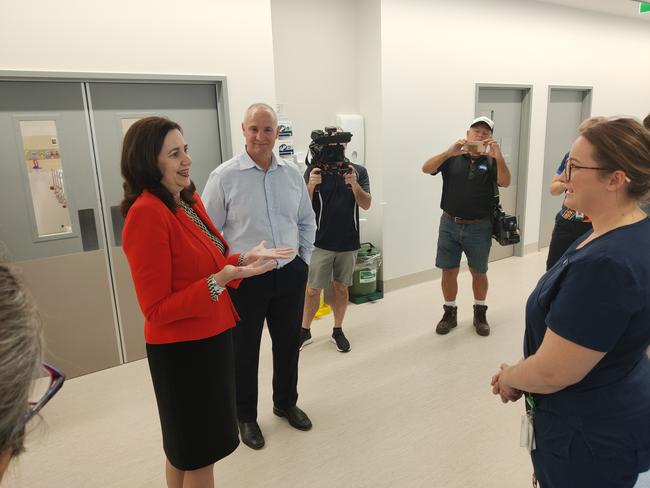 Premier Annastacia Palaszczuk and MP Glenn Butcher talk to nurse Liz Bellas in the new Gladstone Hospital $42 million emergency department. Picture: Rodney Stevens