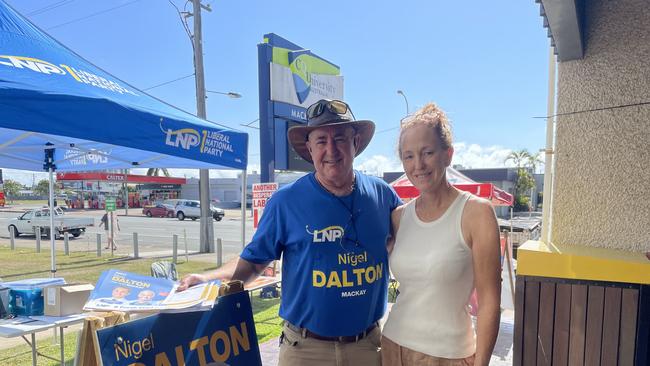 Jules Parker from East Mackay (right) voted for Nigel Dalton at the CQ University polling booth because her neighbour, previous LNP Mackay candidate Chris Bonanno (left), talked her into it. Picture: Fergus Gregg