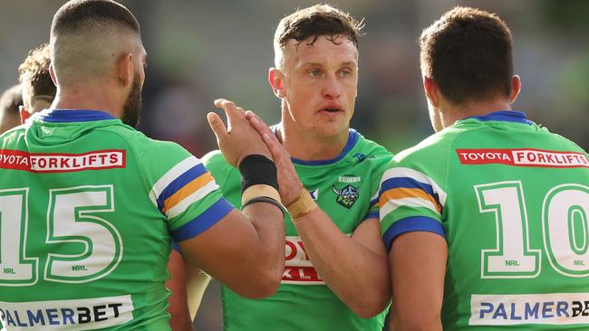 CANBERRA, AUSTRALIA - APRIL 16:  Jack Wighton of the Raiders  celebrates with team mates after victory during the round seven NRL match between Canberra Raiders and St George Illawarra Dragons at GIO Stadium on April 16, 2023 in Canberra, Australia. (Photo by Mark Metcalfe/Getty Images)