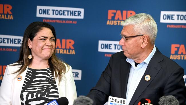 Jacinta Nampijinpa Price and Warren Mundine at the NO Campaign event in Brisbane. VOICEREF23 Picture: NCA NewsWIRE / John Gass