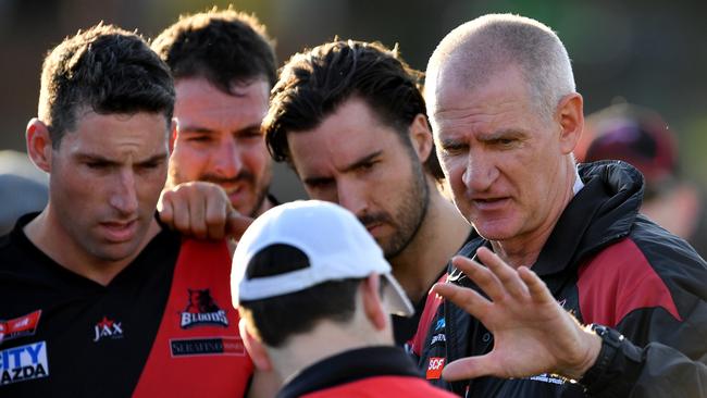 Difficult task ... Mark Mickan addresses his underperforming West Adelaide team. Picture: Mark Brake