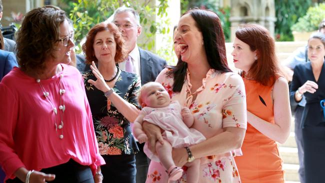 Member for Keppel Brittany Lauga with baby Odette at Parliament for the first Labor caucus meeting of the 56th Parliament. Picture: AAP/Sarah Marshall