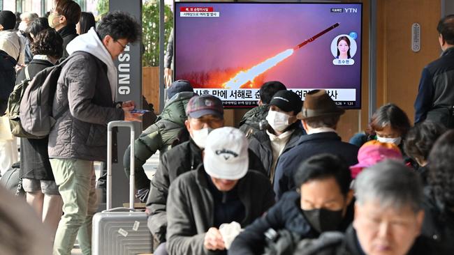 A television screen at a railway station in Seoul showed file footage of a North Korean missile test on Feb. 2. Picture: Jung-Yeon-Je/AFP/Getty Images