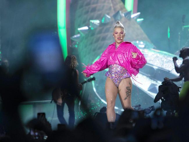 Pink was given unusual ‘gifts’ by her fans while she performed. Picture: Alex HALADA / APA / AFP