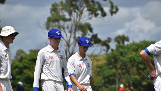 Tom Davies, Frank Piper and Joey Whitten. AIC First XI cricket between Marist College Ashgrove and St Patrickâ&#128;&#153;s College. Saturday March 4, 2023. Picture, Nick Tucker.