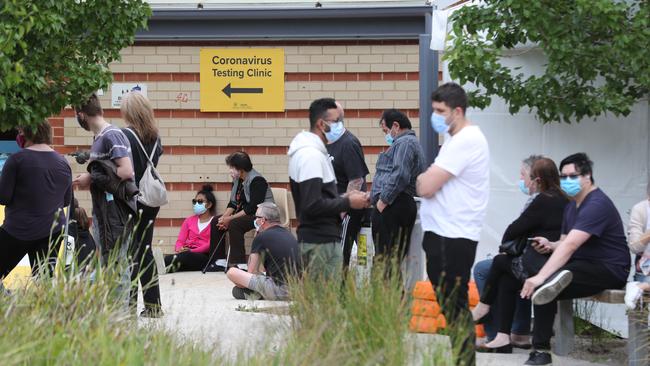 People wait to be tested at Lyell McEwin Hospital. Picture: Tait Schmaal