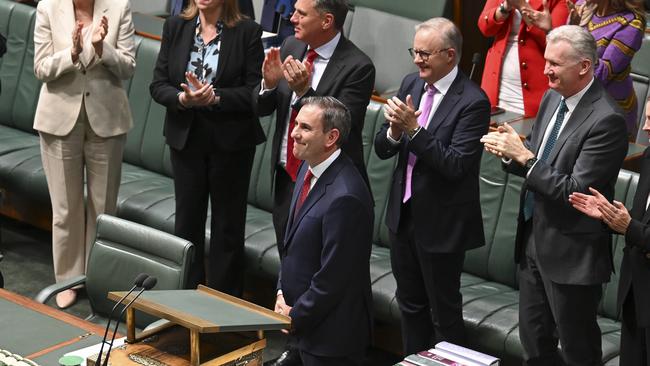 CANBERRA, Australia, NewsWire Photos. May 14, 2024: Members of Parliament congratulate Federal Treasurer Jim Chalmers after handing down the 2024-25 Federal Budget at Parliament House in Canberra. Picture: NCA NewsWire / Martin Ollman