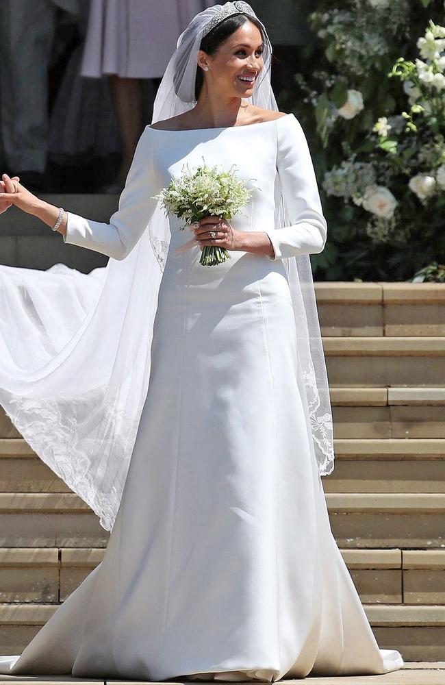 Meghan in her Givenchy wedding dress in May 2018. Picture: Rex.