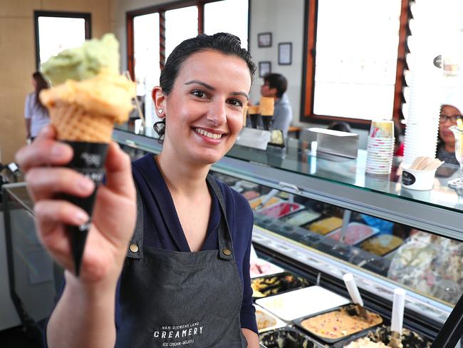 Van Diemens Land Creamery ice cream punt on Constitution Dock. Ines Campos with some artisan gelato. Picture: Sam Rosewarne