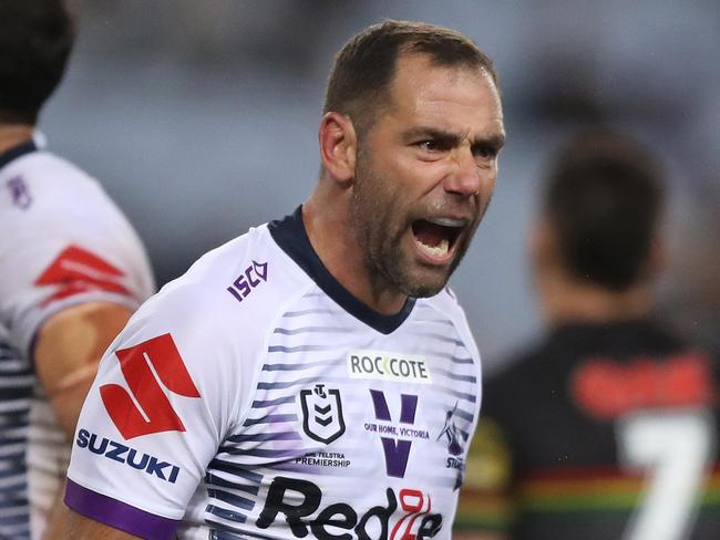 Melbourne's Cameron Smith yells to his team after a Penrith mistake during the 2020 NRL Grand Final between the Penrith Panthers and Melbourne Storm at ANZ Stadium, Homebush. Picture: Brett Costello