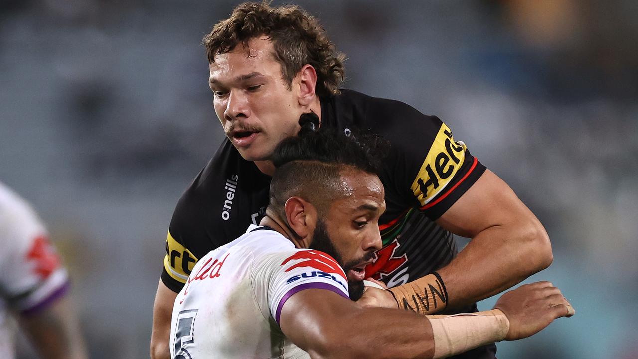 Brent Naden tackles Josh Addo-Carr during the 2020 NRL grand final. Picture: Cameron Spencer/Getty