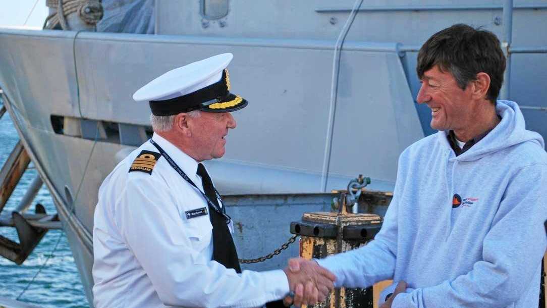 Former Commander Muzz Kennett hands the ship over to Ship's Master Bill Fenelon of the Tweed. Picture: Contributed