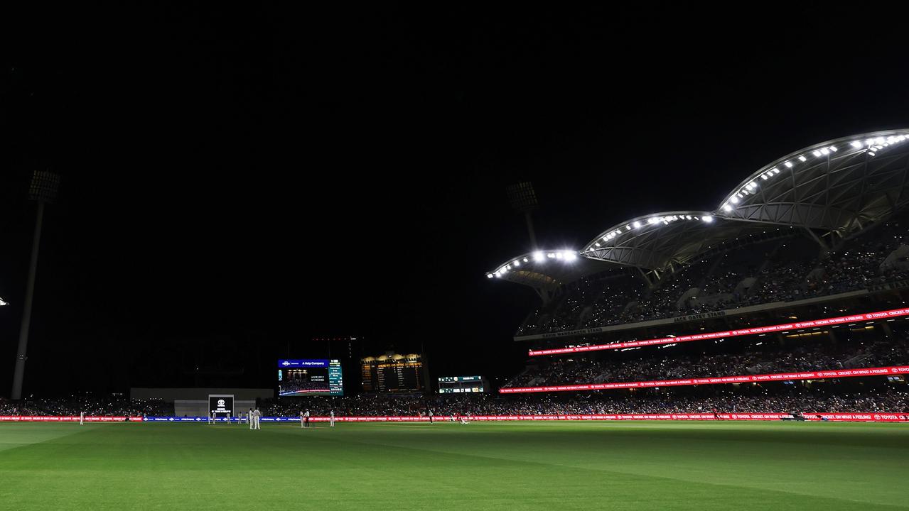 General view inside the stadium as the lights go out during day one of the Men's Test Match series between Australia and India at Adelaide Oval on December 06, 2024 in Adelaide, Australia. (Photo by Robert Cianflone/Getty Images)