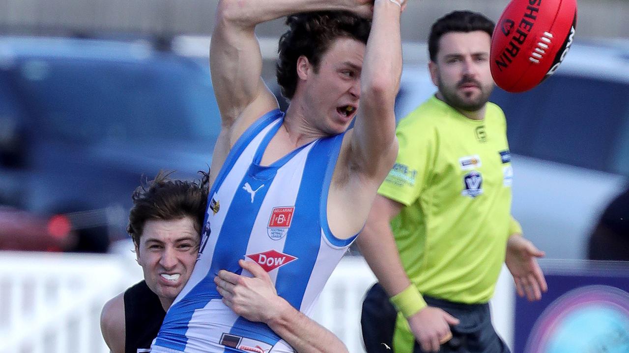 Chase Loftus tackles Anglesea’s Lachlan Smith in a qualifying final. Picture: Mark Wilson