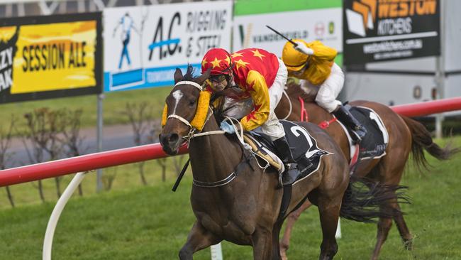 Motomiss and jockey Justin Stanley win race one at Clifford Park. Picture: Kevin Farmer