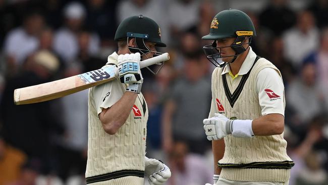 Steven Smith, left, and Marnus Labuschagne at the crease. Picture: AFP